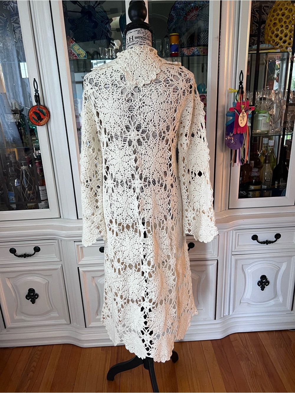 Newport News Cream Crochet Long Cardigan Duster with Scalloped Edges S - Picture 3 of 16